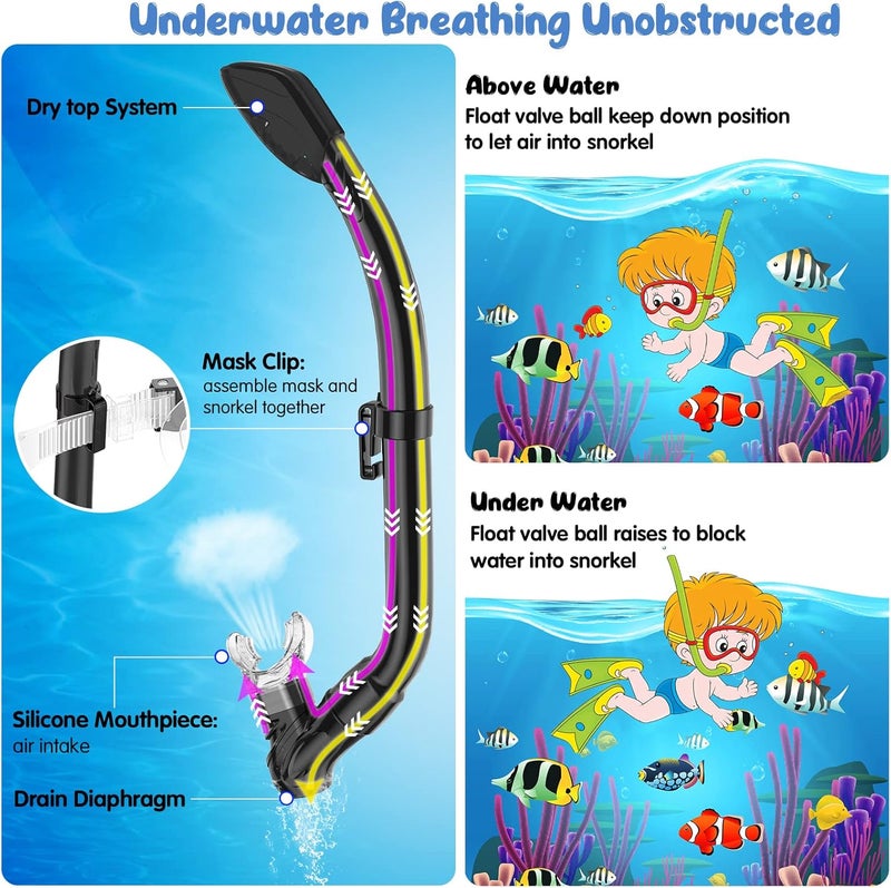 Seovediary Kids Snorkel Set, Mask Fins Snorkeling Gear for Kids Anti-Fog Swim Goggles 180 Panoramic View Dry Top Snorkel and Dive Flippers Combo with Travel Bag for Snorkeling Training Swimming Diving - Image 3